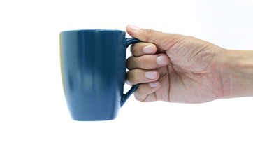 Right hand holding blue coffee cup on white backgrounds