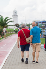 gay couple walking away together on road