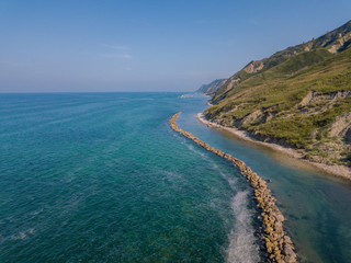 Italia, Agosto 2018 - vista aerea del parco san bartolo a Pesaro, con la falesia che va a picco sul mare