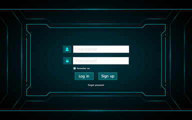 Log in page ui design on technology futuristic interface hud background.