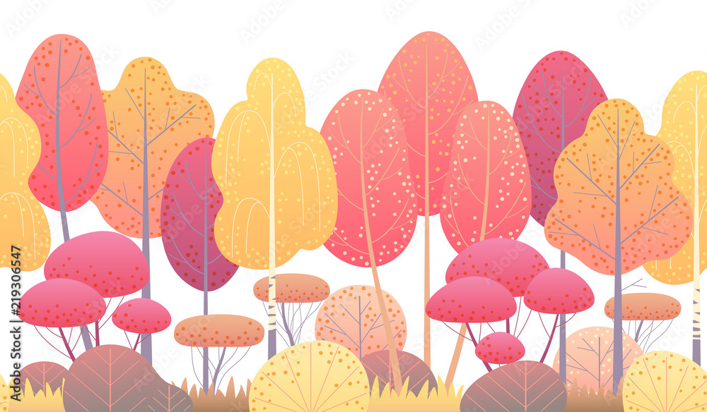 Wall mural line horizontal seamless border with autumn trees and bushes