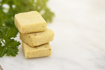 Chicken concentrated, boullion cubs of broth. Condiments of cooking with copy space.