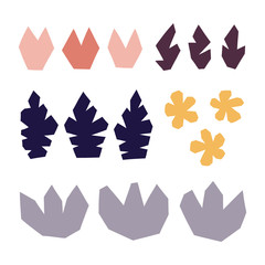 Abstract cut shapes flowers and leaves. Vector set of hand drawn design elements. Illustration on white background