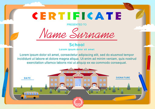 Children's certificate on the background of an open book, a school building, a bus, school supplies