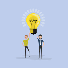 Team of happy young men icon with Light Bulb Symbol.Happy young business people and Lamp.Successful business teamwork concept.Business team of employees.Business company partners