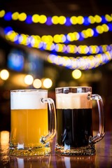 light and dark beer on a pub background.