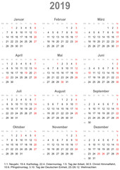 Einfacher Kalender 2019 mit gesetzlichen Feiertagen für Deutschland