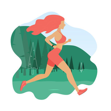 Running girl. Woman jogging outdoor. Vector illustration in flat style