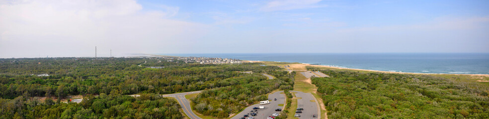 Fototapeta na wymiar Aerial view of Cape Hatteras National Seashore from top of Cape Hatteras Lighthouse, Hatteras Island, North Carolina, USA.