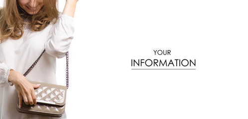 Beautiful woman in hand gray lacquer handbag pattern on a white background isolation