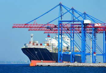 Port cargo crane, ship and container