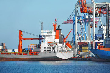 Fototapeta premium Port cargo crane, ship and container