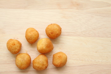 Thai fried sweet potato balls.Quail candy eggs.Top view.