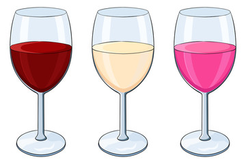 Glass of wine. Red, white and rose wine. Colored doodle