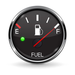 Fuel gauge. Full tank. Round black car dashboard 3d device with chrome frame