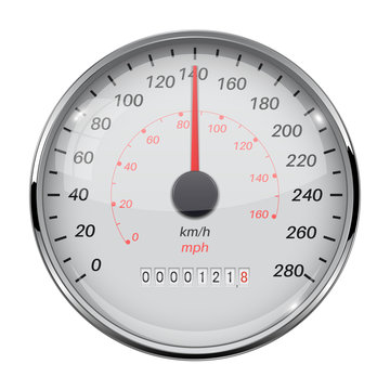 Speedometer. Speed gauge with metal frame. 140 km per hour