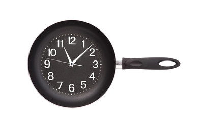 Time Punctual Second Minute Hour Concept. Pan isolated on white. Flat mock up for design. Top view.