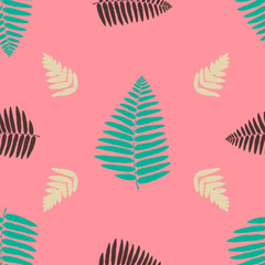Fern leaves on a pink background. Print summer seamless vector pattern wallpaper in trend colors