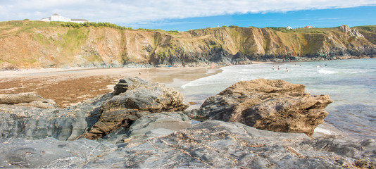 Rock formation at Polurrian Bay Beach Mullion West Cornwall South England UK