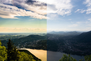 Before and after an example of photo editing process, color correction, brightness and saturation of a sunset from the balcony of the Voltiano di Como lighthouse