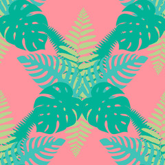Fototapeta na wymiar Exotic monstera and fern leaves on a light pink background. Print summer seamless vector pattern wallpaper in trend colors. Vector EPS10