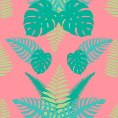 Exotic monstera and fern leaves on a light pink background. Print summer seamless vector pattern wallpaper in trend colors. Vector EPS10