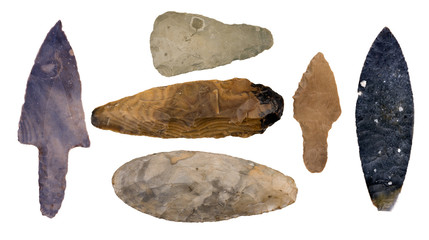 Collection of Authentic Mayan Artifacts - Arrowheads Isolated on White