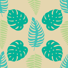 Fototapeta premium Exotic monstera and fern leaves on a light background. Print summer seamless vector pattern wallpaper in trend colors. Vector EPS10