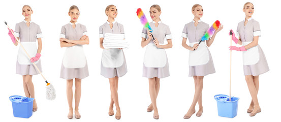 Set with chambermaid in uniform and cleaning supplies on white background