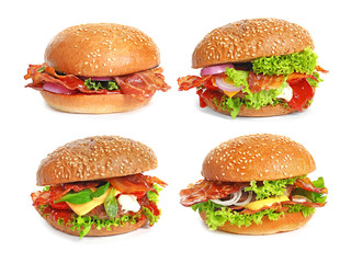 Set of burgers with bacon and vegetables on white background