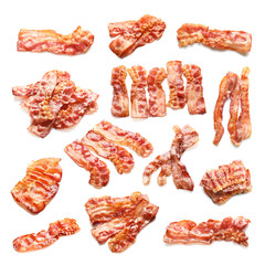 Set with fried bacon rashers on white background