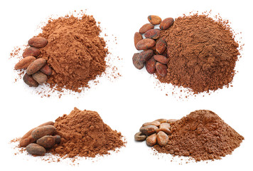 Set with aromatic cocoa powder and beans on white background