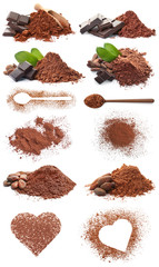 Set with aromatic cocoa powder and beans on white background