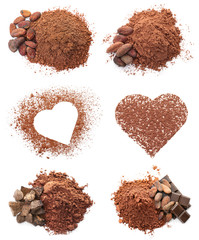 Set with aromatic cocoa powder and beans on white background, top view