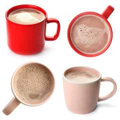 Set with aromatic cocoa drink on white background
