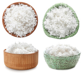 Set with coconut flakes on white background