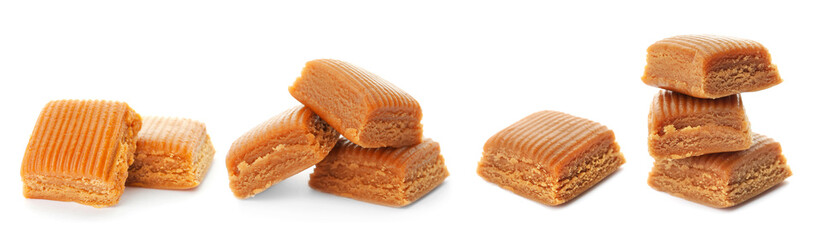 Set with delicious caramel candies on white background