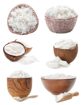 Set with coconut flakes on white background