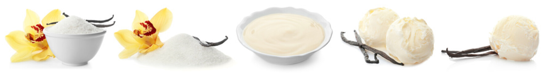 Set with vanilla ice cream, sugar and puddings on white background