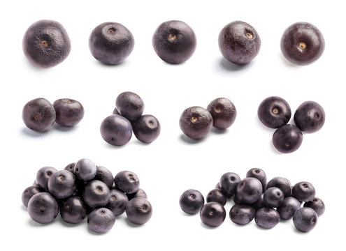 Set with acai berries on white background. Organic superfood