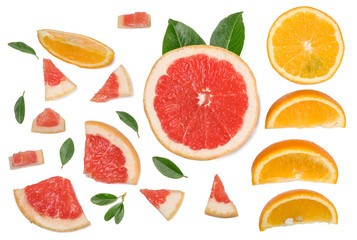 Sliced pieces of grapefruit, orange, lemon isolated on white, top view
