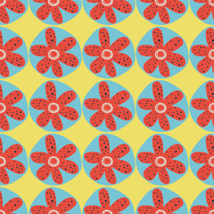 Retro flowers seamless vector background. 1960s, 1970s floral design. Red and blue doodle flowers on a yellow background. Distressed vintage style. For fabric, paper, wallpaper, web banner, kids, card