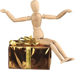 Wooden man figure with gift box isolated on white background