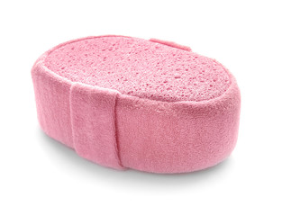 New pink bath sponge on white background