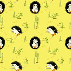 Seamless pattern with cartoon hedgehog does yoga against a desert background with cacti and lizards. Healthy lifestyle concept. Use for postcards, print for t-shirts, posters, textile.
