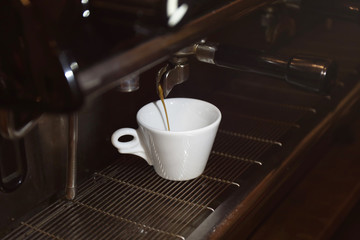 Preparing fresh aromatic coffee on modern machine, closeup