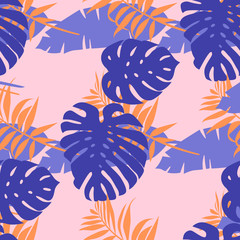 Exotic monstera, banana leaf on a light pink background. Print summer seamless vector pattern wallpaper in trend colors. 