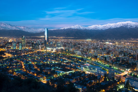 Panoramic view of Providencia and Las Condes districts with Mapocho River and Los Andes Mountain Range, Santiago de Chile