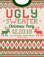 Ugly sweater Christmas party invite. Vector illustration Handmade knitted background pattern with deers and snowflakes, scandinavian ornaments. White, red, green colors. Flat style