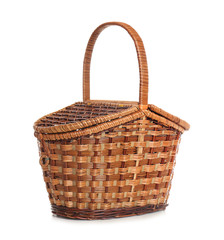 Wicker basket for picnic on white background